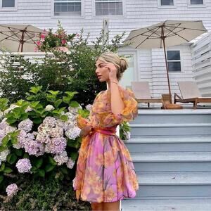 Cynthia Rowley Daffodil Wrap Dress Pink Floral Organza Puff Sleeve Party Size M